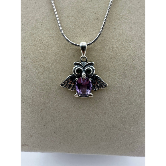Silver and Amethyst Owl Pendant on Stainless Steel Chain - Picture 1 of 8